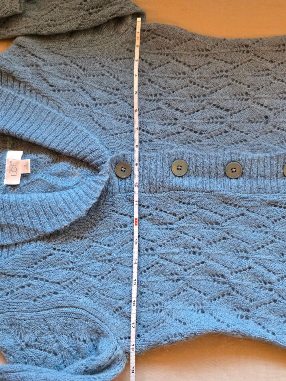 LOFT Dusty Blue Open Lace Knit Mohair Cardigan w Ribbed Shawl Style Collar M - Picture 7 of 16